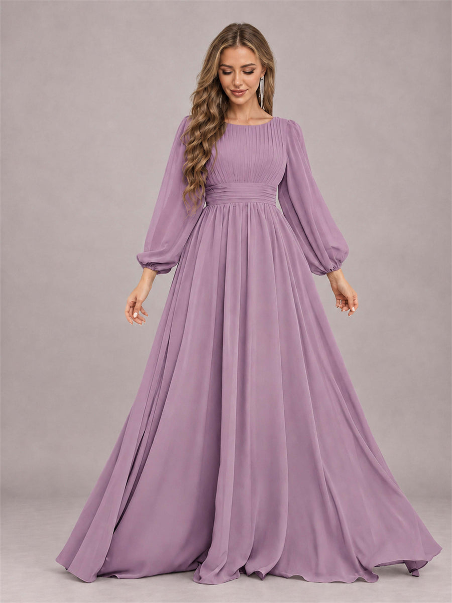 Dusty Purple Trendy Long Sleeves Ruched Floor Length Chiffon Bridesmaid Dress