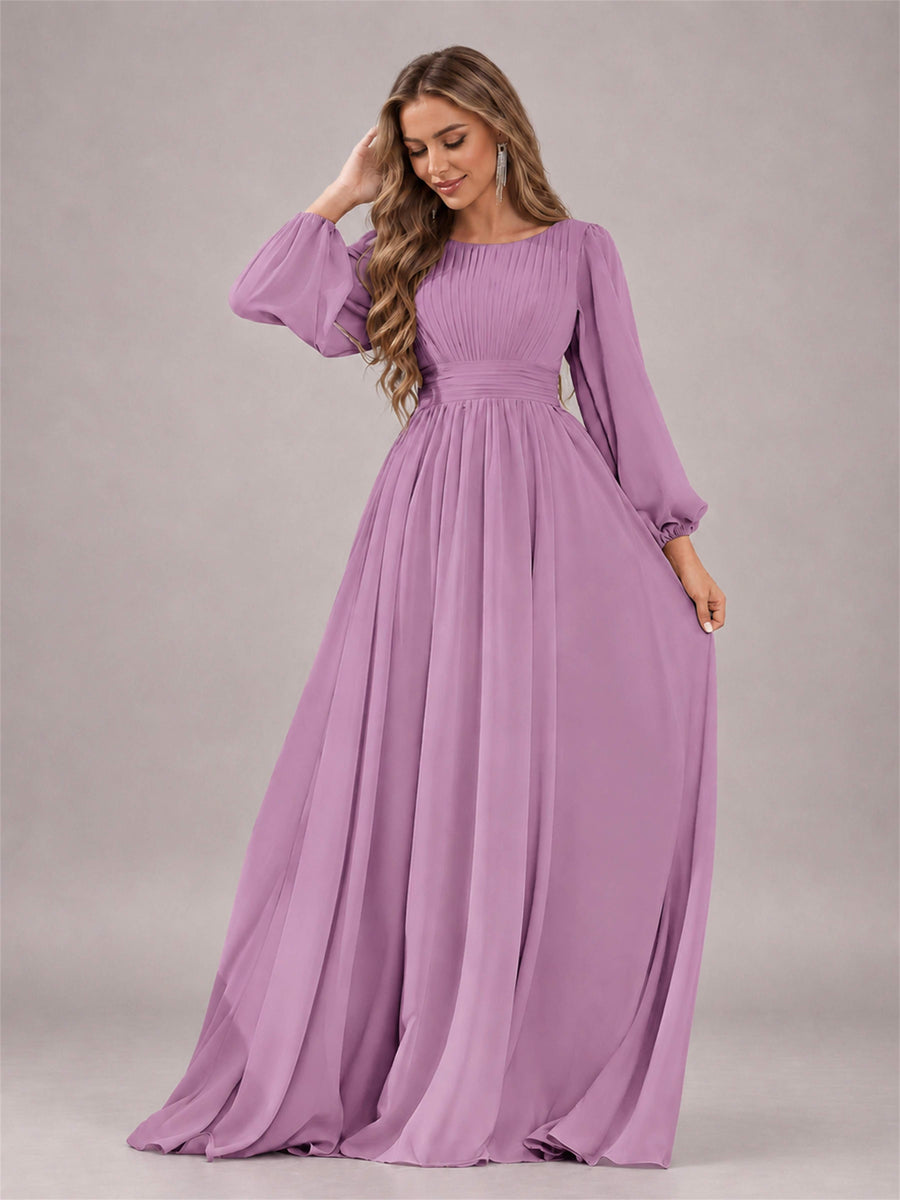 Dusty Purple Trendy Long Sleeves Ruched Floor Length Chiffon Bridesmaid Dress