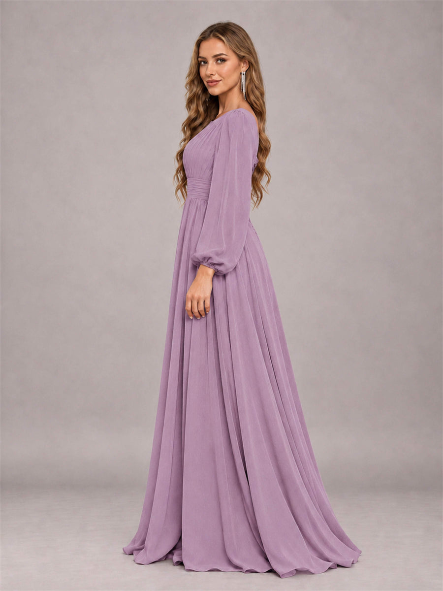 Dusty Purple Trendy Long Sleeves Ruched Floor Length Chiffon Bridesmaid Dress