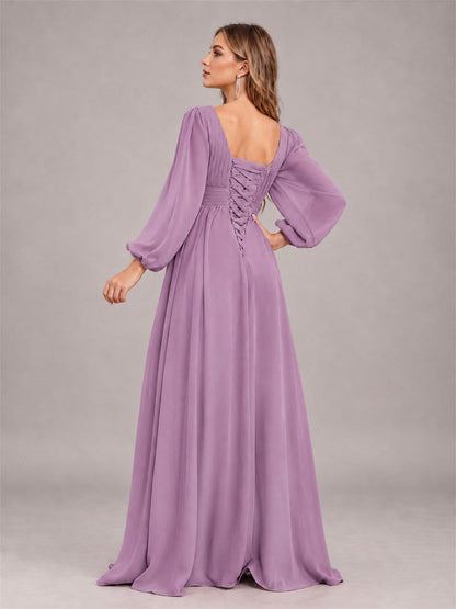 Dusty Purple Trendy Long Sleeves Ruched Floor Length Chiffon Bridesmaid Dress