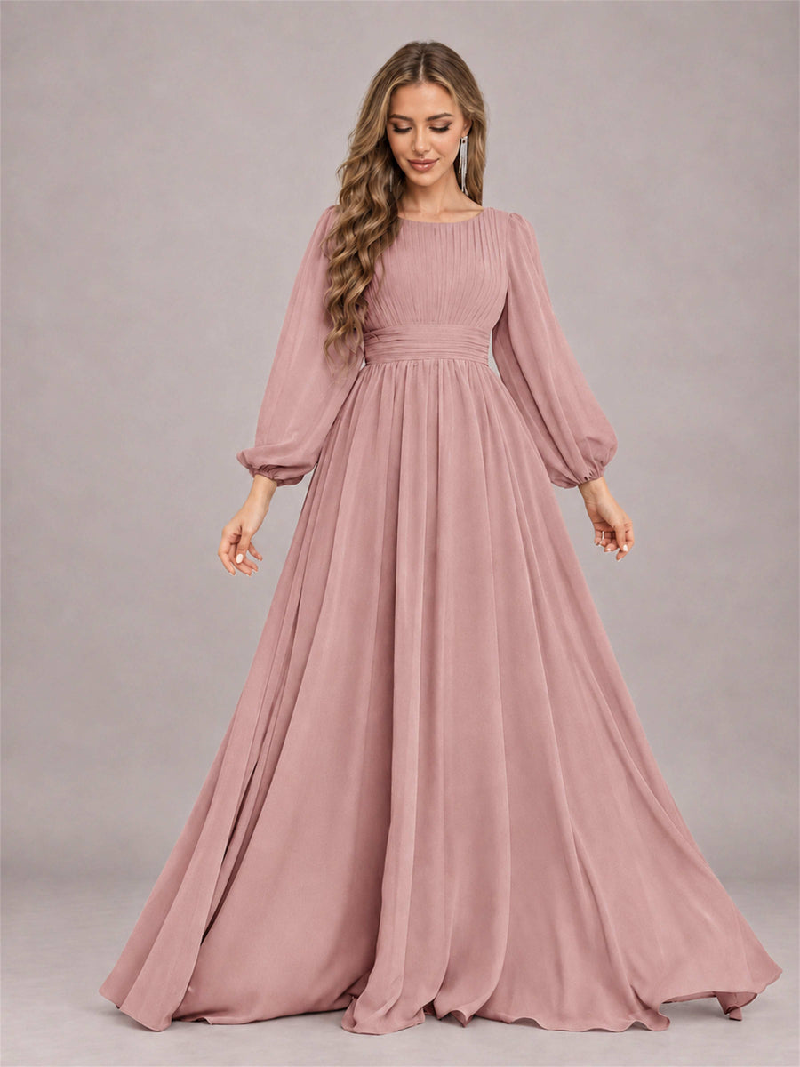 Dusty Rose Trendy Long Sleeves Ruched Floor Length Chiffon Bridesmaid Dress