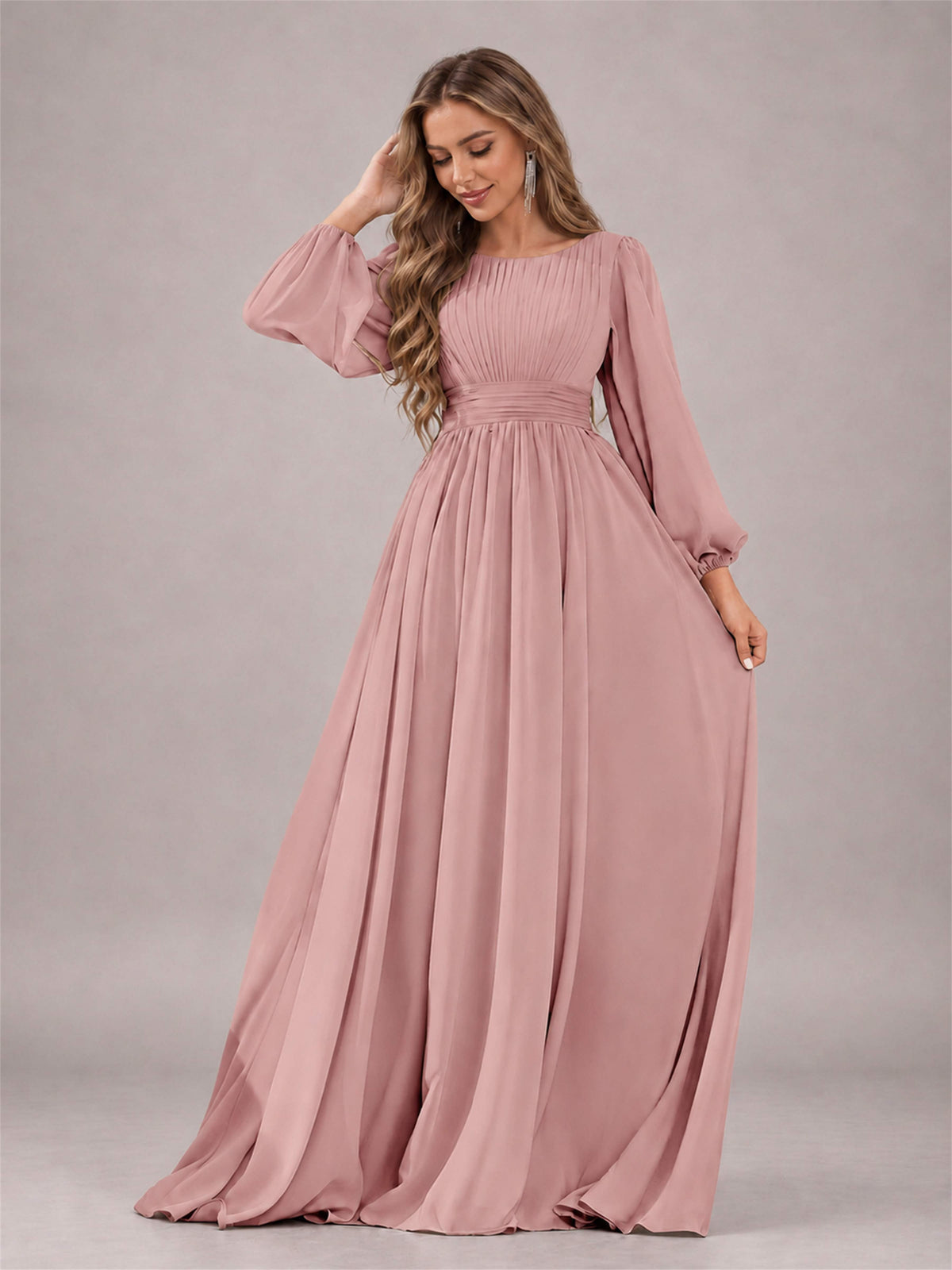 Dusty Rose Trendy Long Sleeves Ruched Floor Length Chiffon Bridesmaid Dress