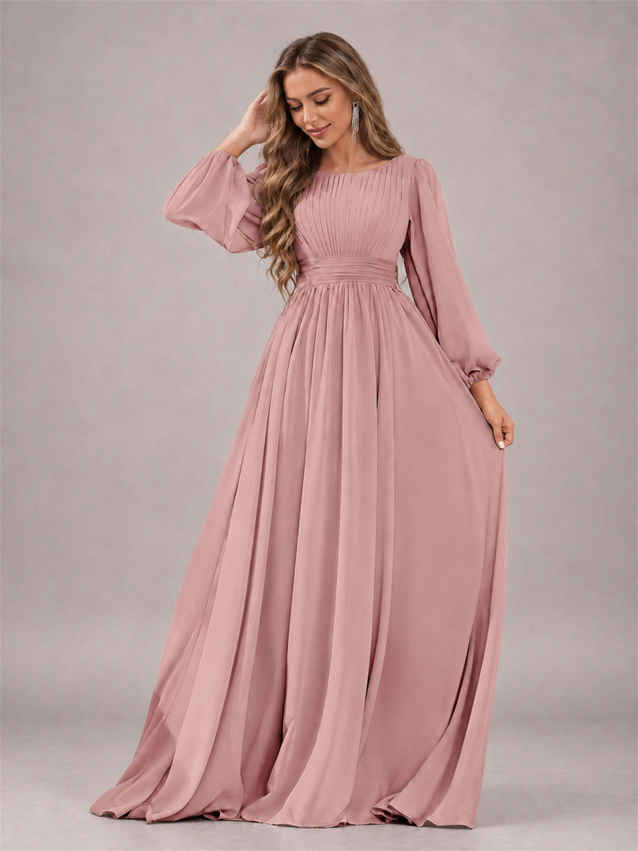 Dusty Rose Trendy Long Sleeves Ruched Floor Length Chiffon Bridesmaid Dress
