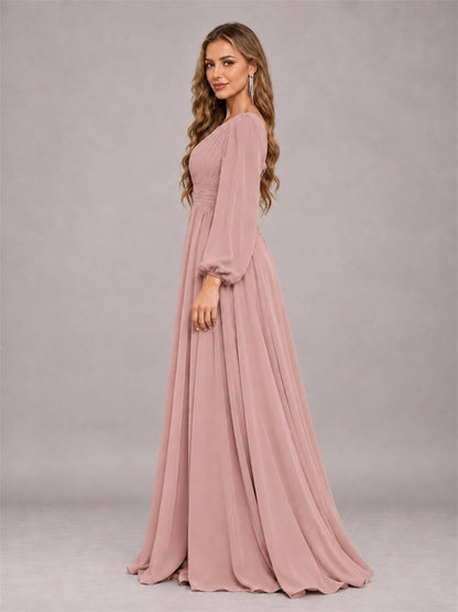 Dusty Rose Trendy Long Sleeves Ruched Floor Length Chiffon Bridesmaid Dress