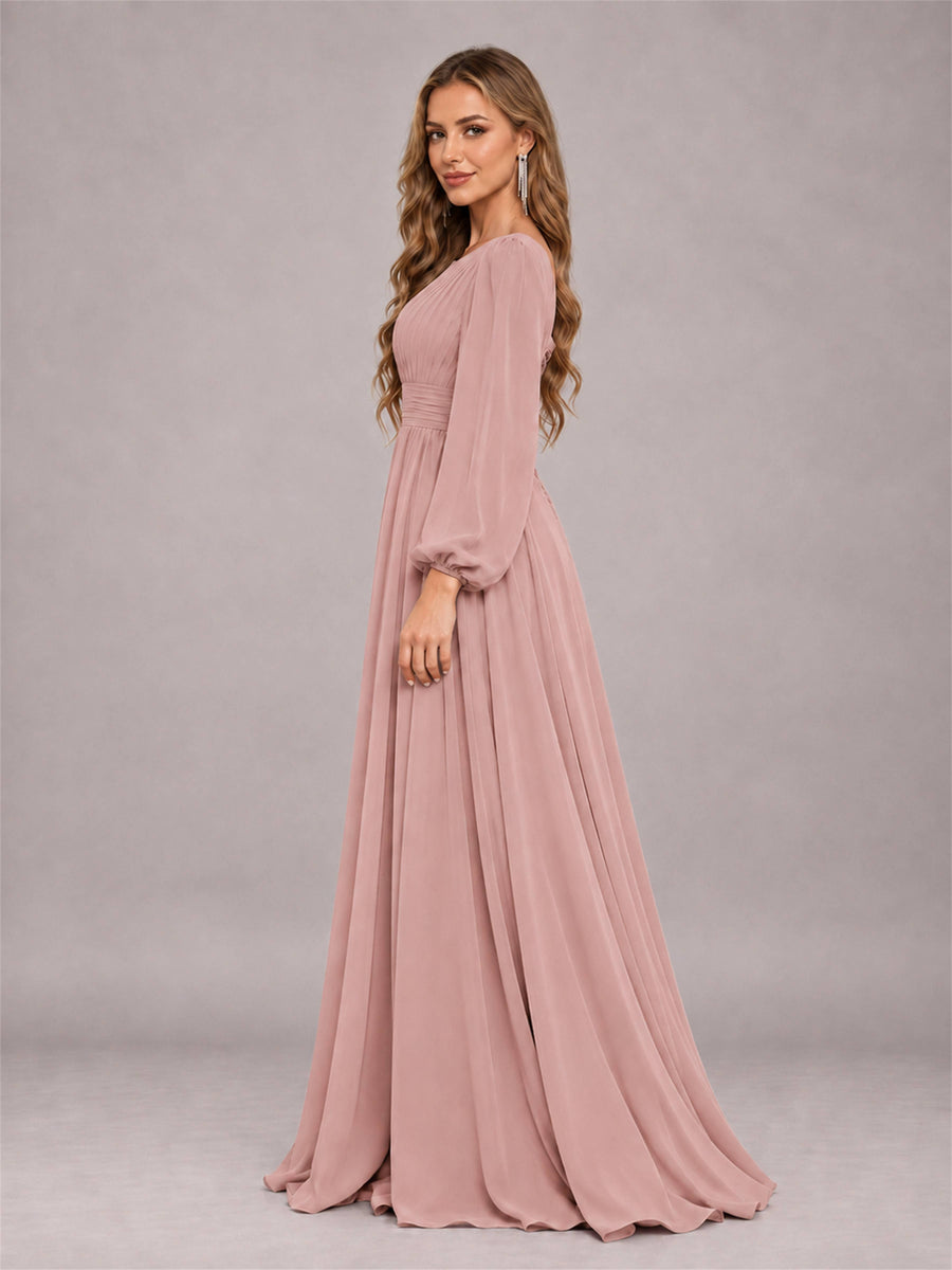Dusty Rose Trendy Long Sleeves Ruched Floor Length Chiffon Bridesmaid Dress
