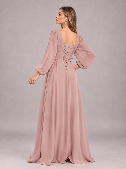 Dusty Rose Trendy Long Sleeves Ruched Floor Length Chiffon Bridesmaid Dress