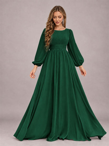 Emerald Green Trendy Long Sleeves Ruched Floor Length Chiffon Bridesmaid Dress