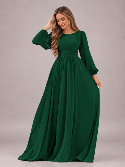 Emerald Green Trendy Long Sleeves Ruched Floor Length Chiffon Bridesmaid Dress