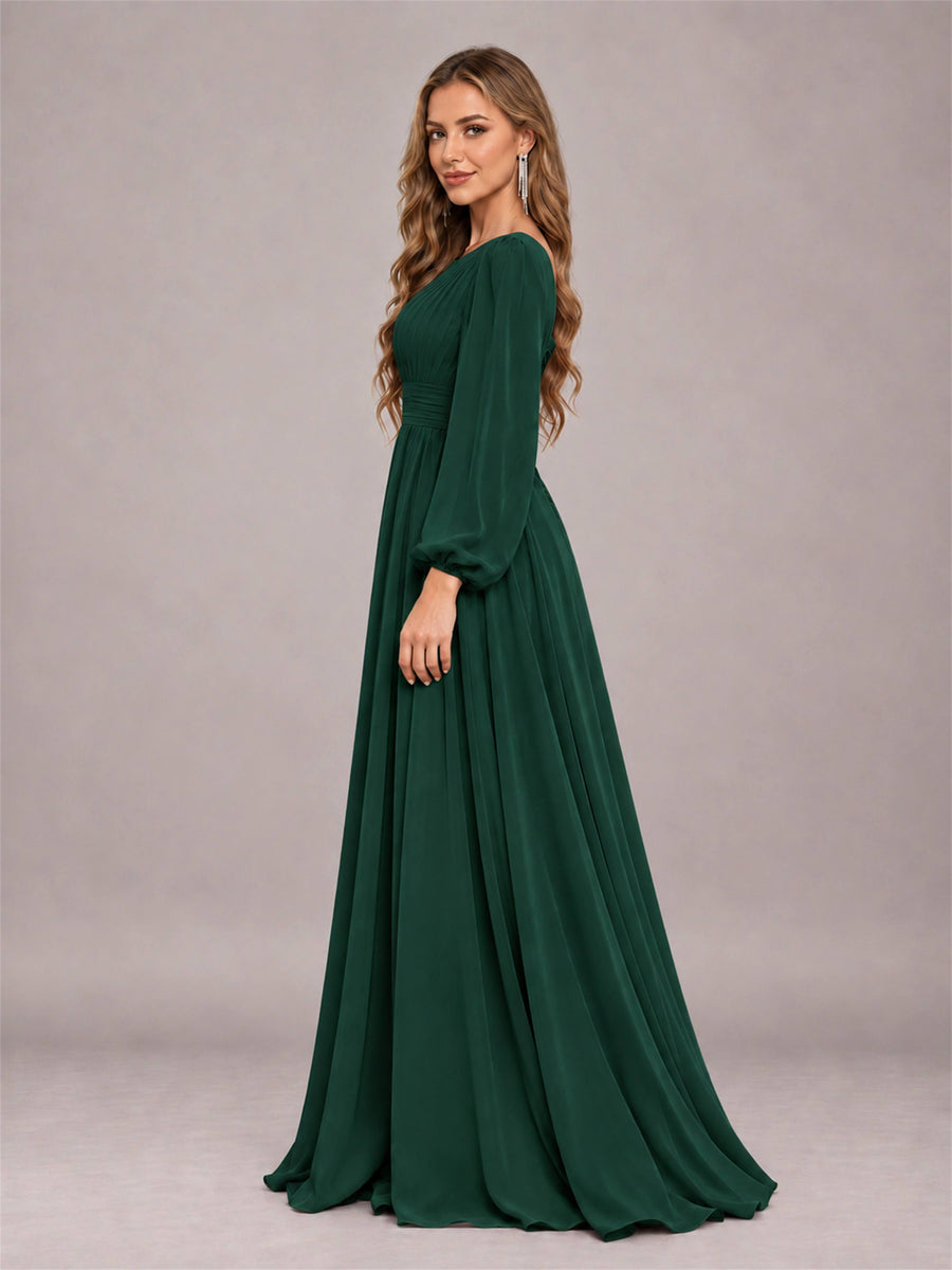 Emerald Green Trendy Long Sleeves Ruched Floor Length Chiffon Bridesmaid Dress