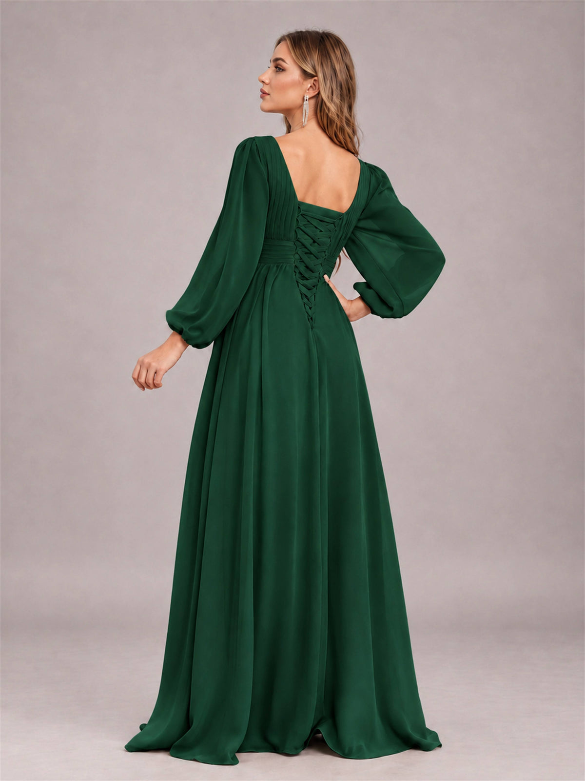 Emerald Green Trendy Long Sleeves Ruched Floor Length Chiffon Bridesmaid Dress