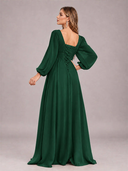 Emerald Green Trendy Long Sleeves Ruched Floor Length Chiffon Bridesmaid Dress