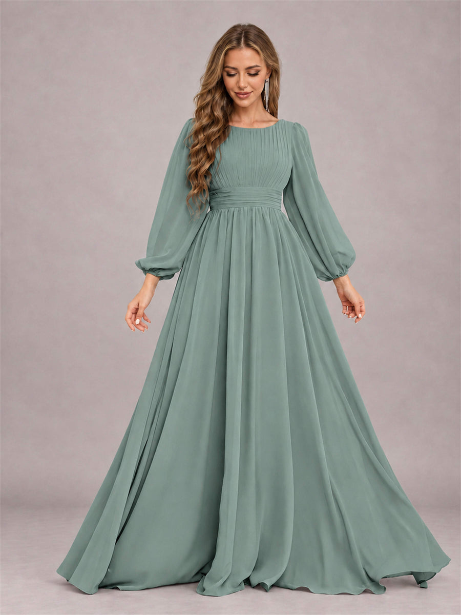 Eucalyptus Trendy Long Sleeves Ruched Floor Length Chiffon Bridesmaid Dress