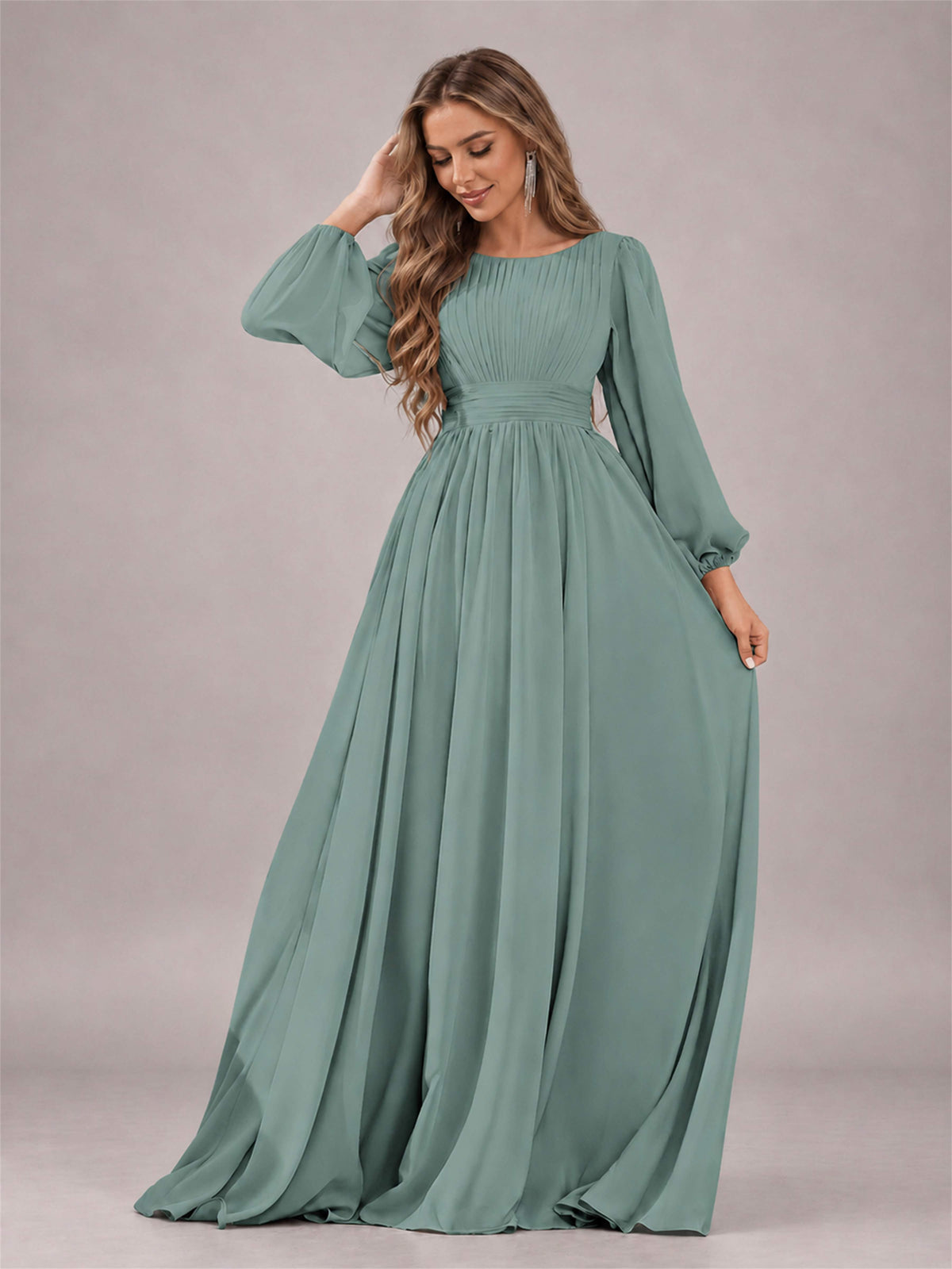 Eucalyptus Trendy Long Sleeves Ruched Floor Length Chiffon Bridesmaid Dress
