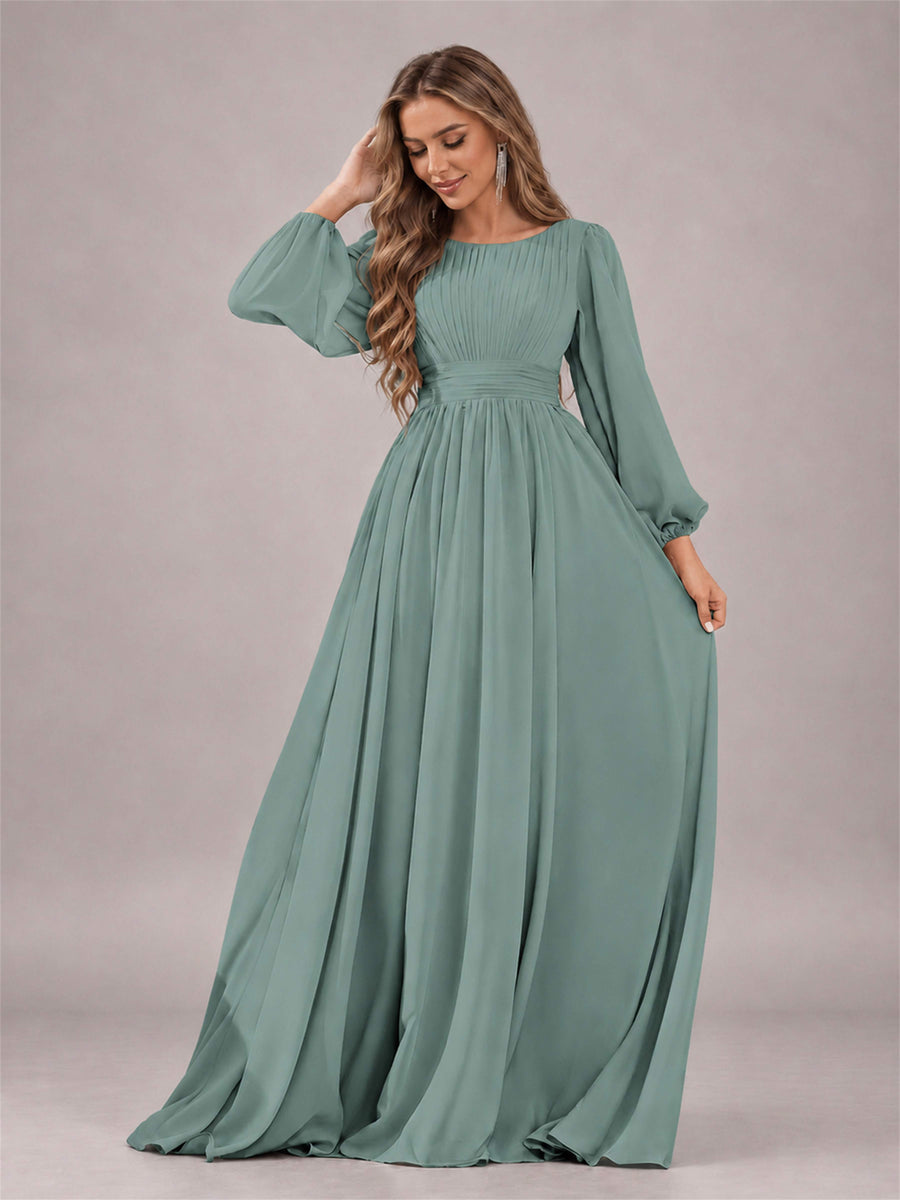 Eucalyptus Trendy Long Sleeves Ruched Floor Length Chiffon Bridesmaid Dress