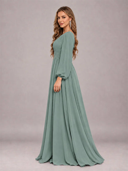 Eucalyptus Trendy Long Sleeves Ruched Floor Length Chiffon Bridesmaid Dress