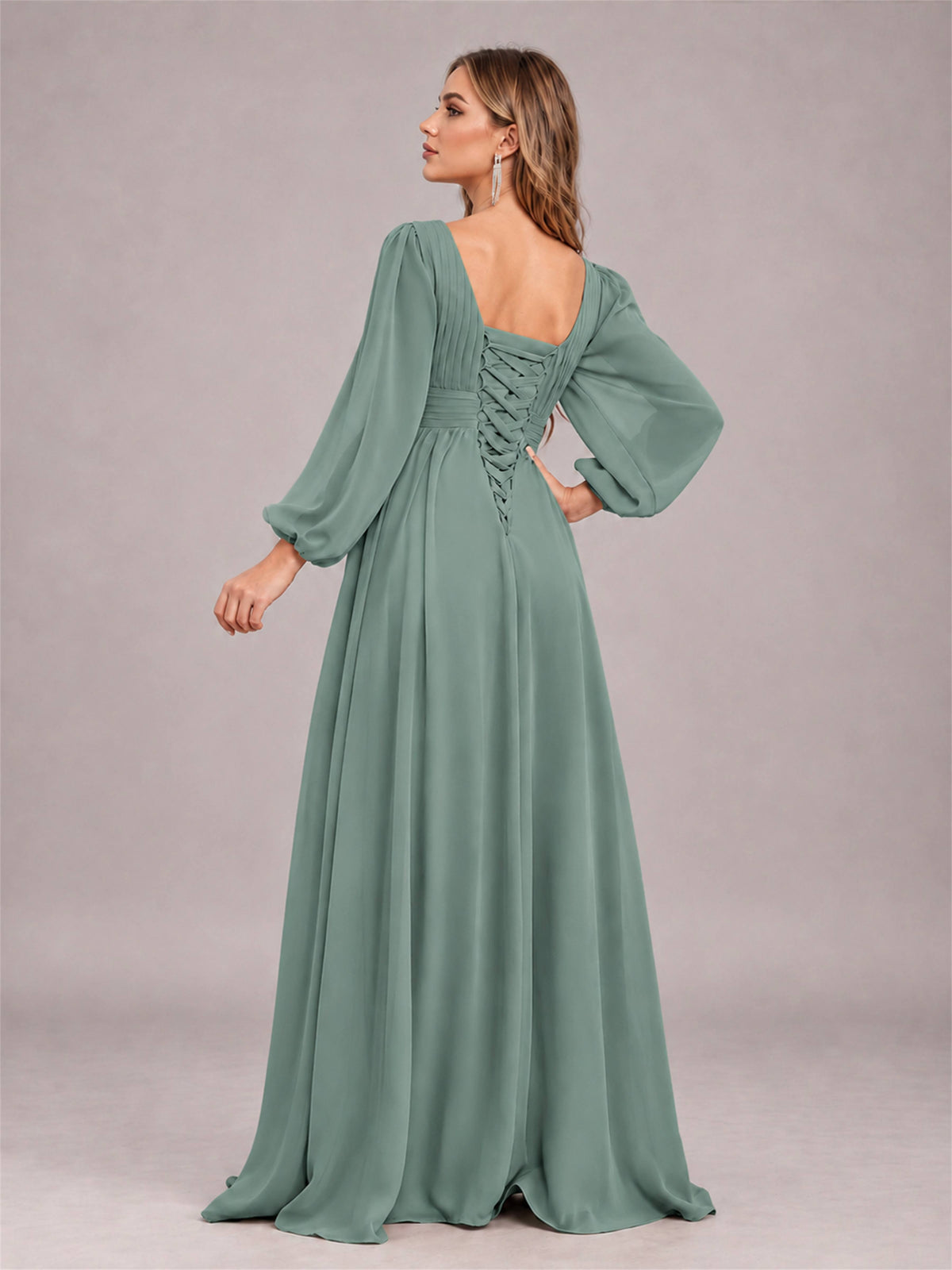 Eucalyptus Trendy Long Sleeves Ruched Floor Length Chiffon Bridesmaid Dress