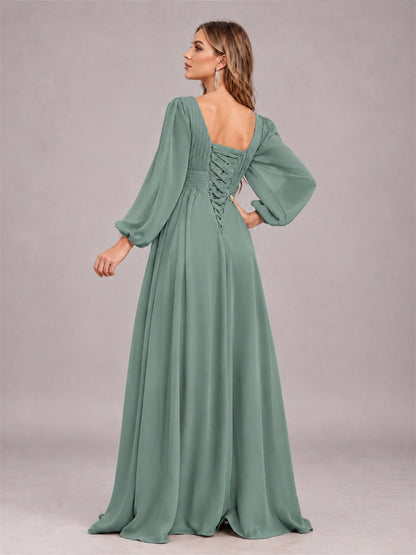 Eucalyptus Trendy Long Sleeves Ruched Floor Length Chiffon Bridesmaid Dress