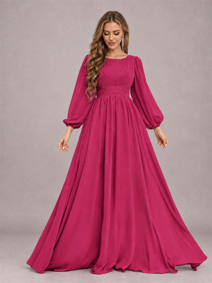 Fuchsia Trendy Long Sleeves Ruched Floor Length Chiffon Bridesmaid Dress
