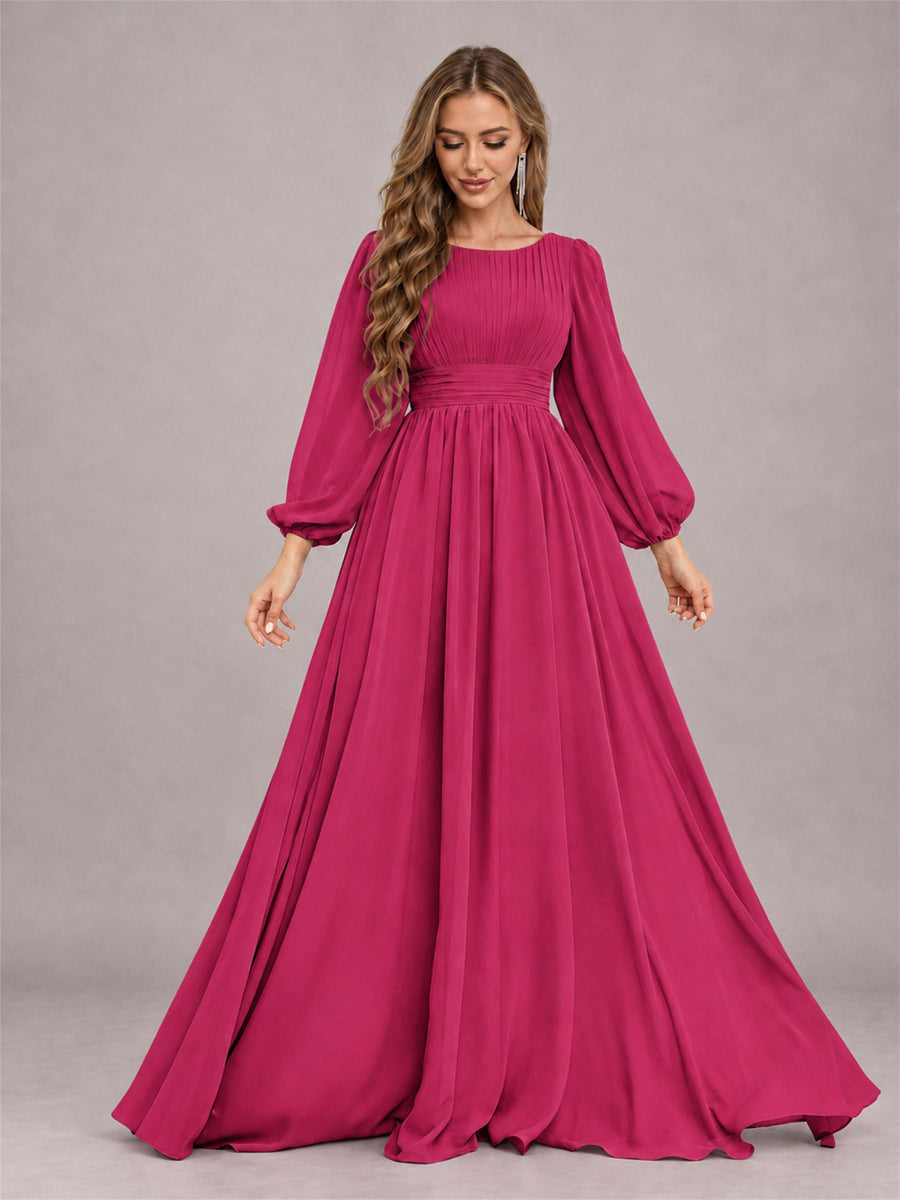 Fuchsia Trendy Long Sleeves Ruched Floor Length Chiffon Bridesmaid Dress