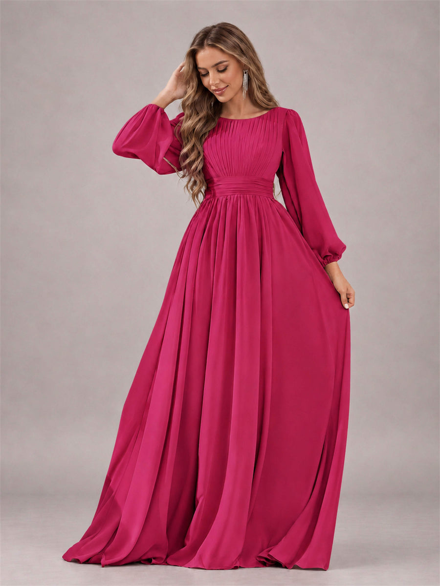 Fuchsia Trendy Long Sleeves Ruched Floor Length Chiffon Bridesmaid Dress