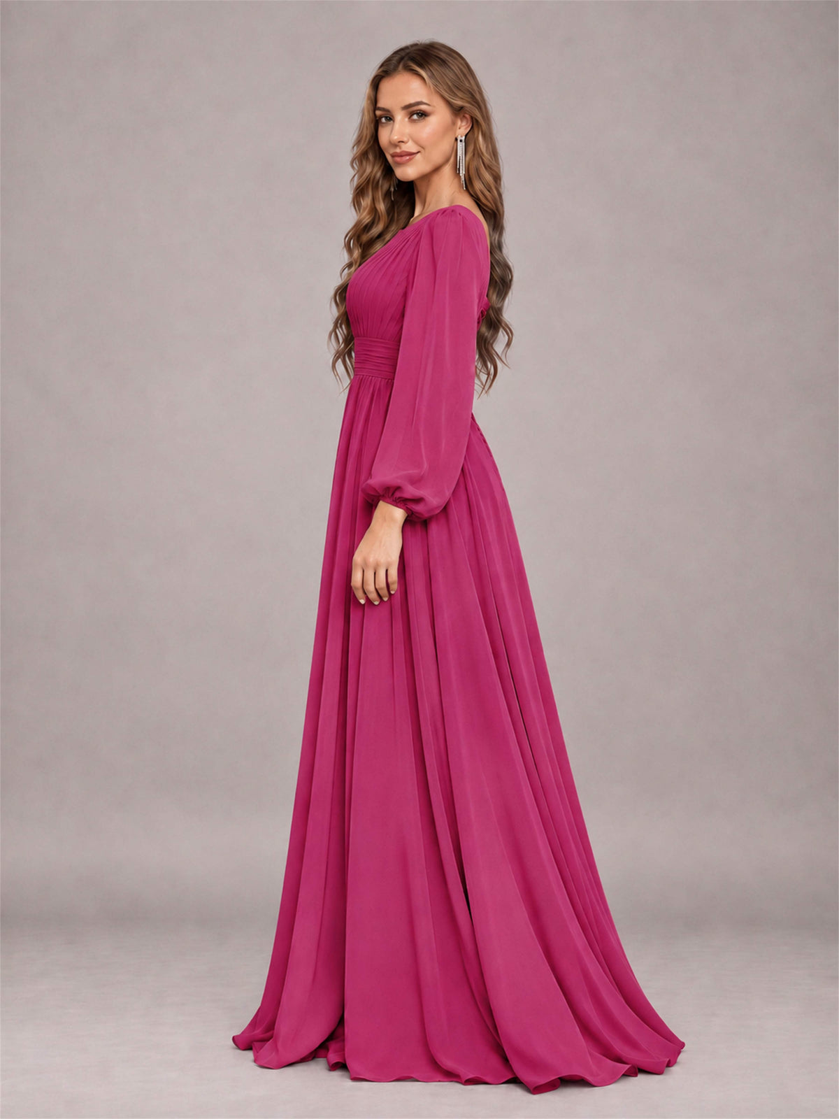 Fuchsia Trendy Long Sleeves Ruched Floor Length Chiffon Bridesmaid Dress