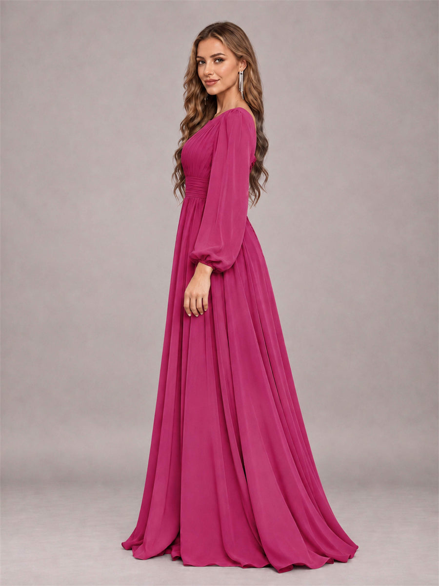 Fuchsia Trendy Long Sleeves Ruched Floor Length Chiffon Bridesmaid Dress
