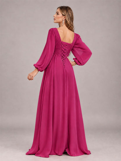 Fuchsia Trendy Long Sleeves Ruched Floor Length Chiffon Bridesmaid Dress