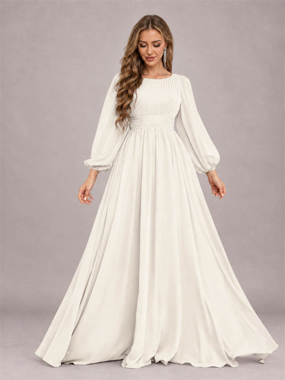 Ivory Trendy Long Sleeves Ruched Floor Length Chiffon Bridesmaid Dress