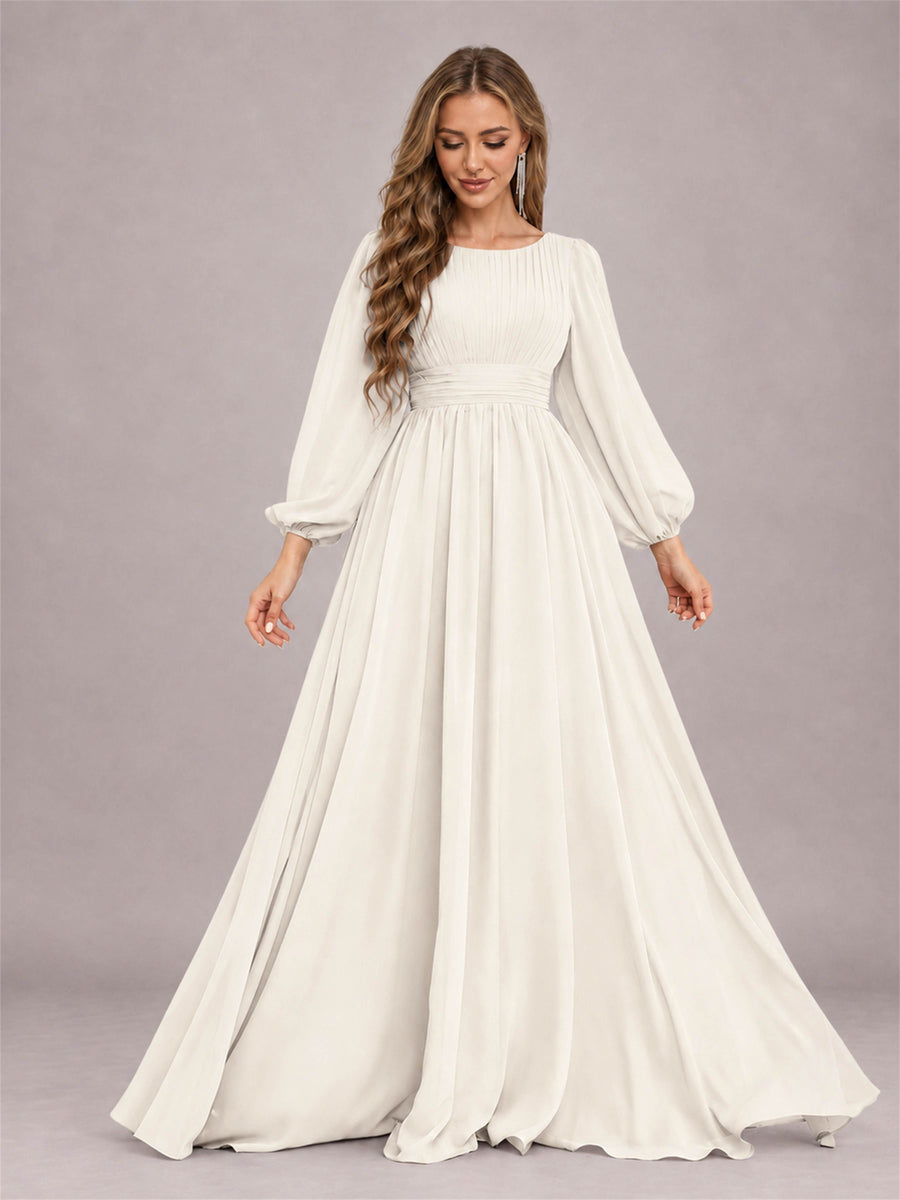 Ivory Trendy Long Sleeves Ruched Floor Length Chiffon Bridesmaid Dress