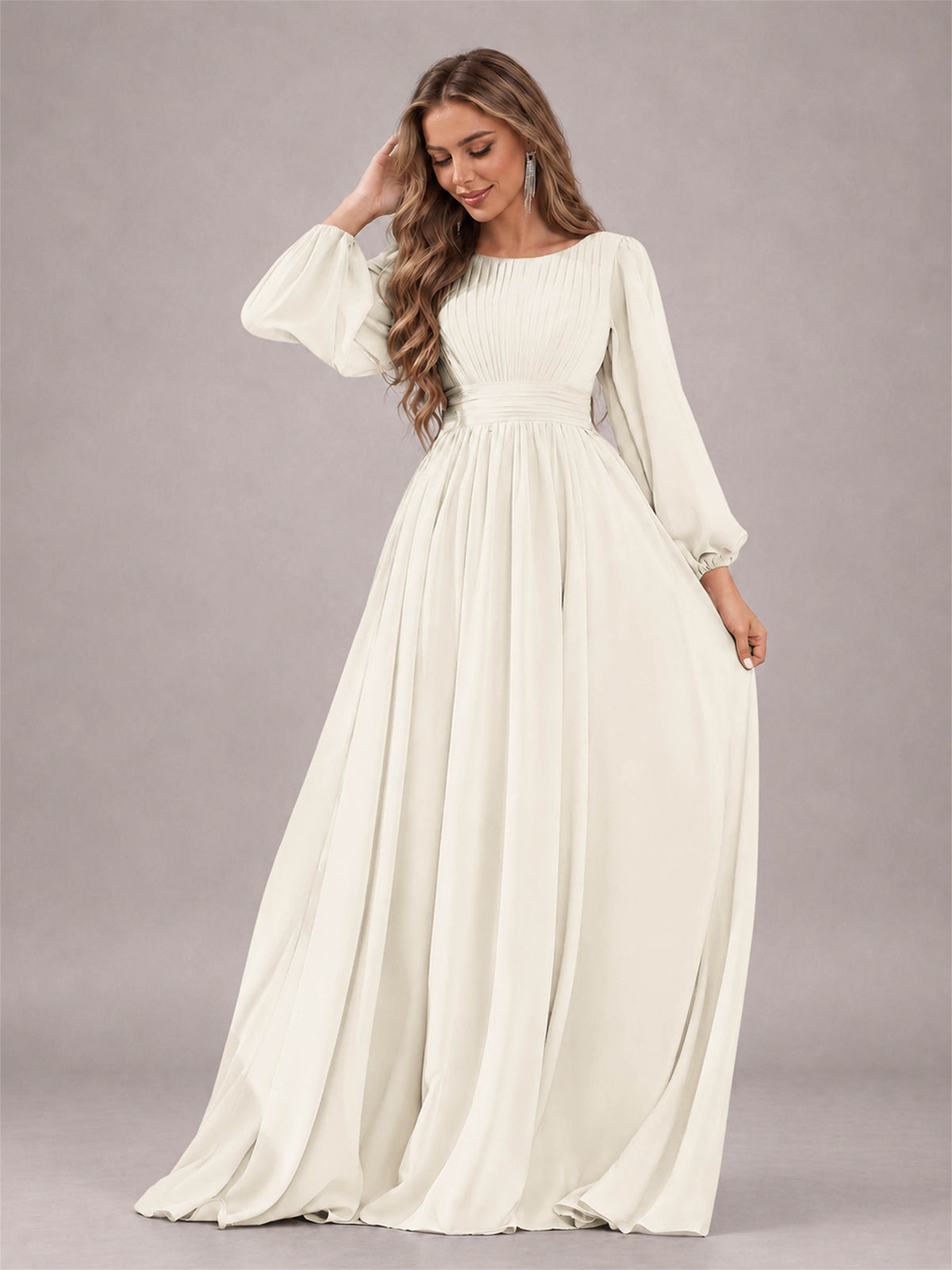 Ivory Trendy Long Sleeves Ruched Floor Length Chiffon Bridesmaid Dress