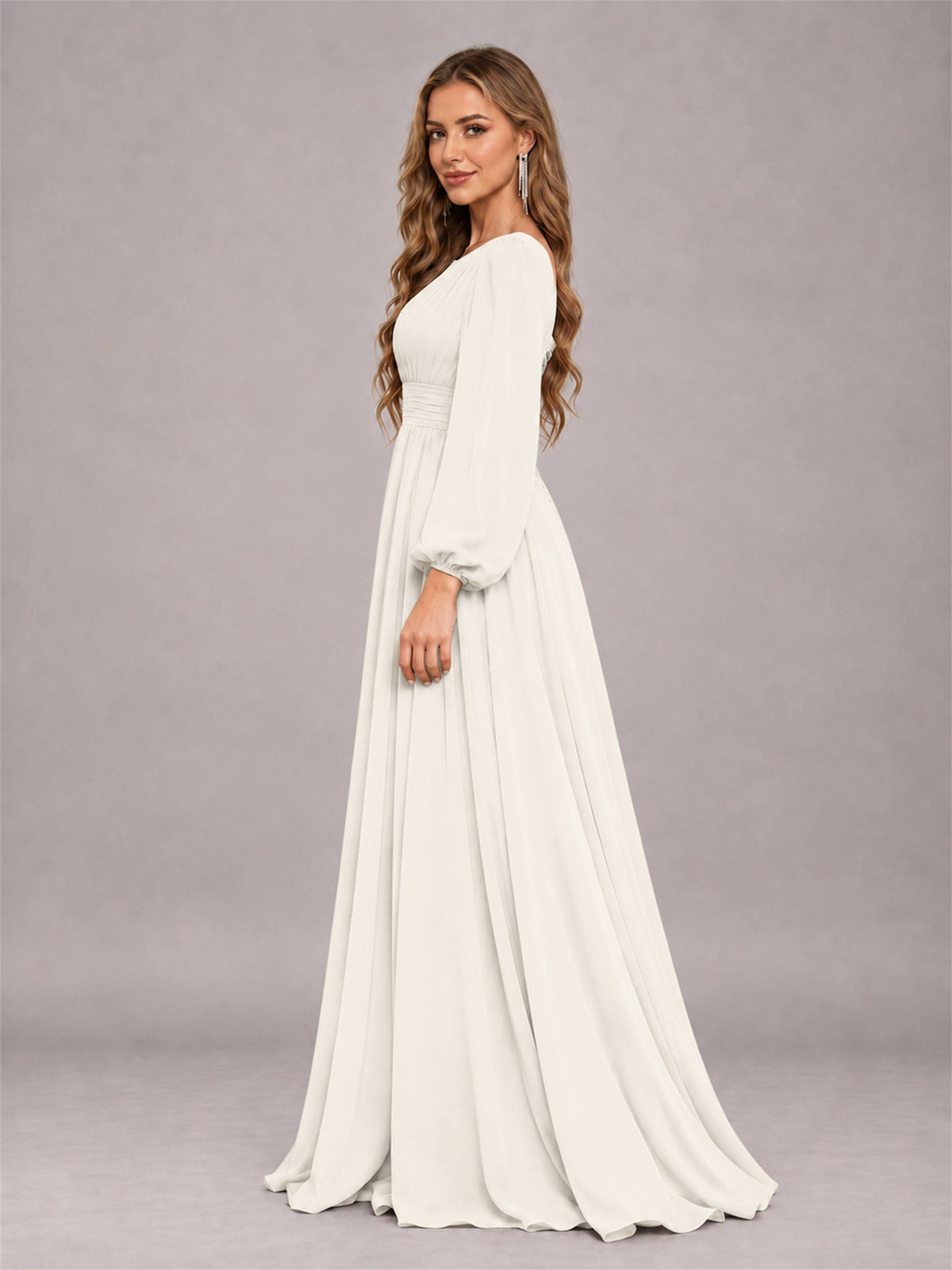 Ivory Trendy Long Sleeves Ruched Floor Length Chiffon Bridesmaid Dress