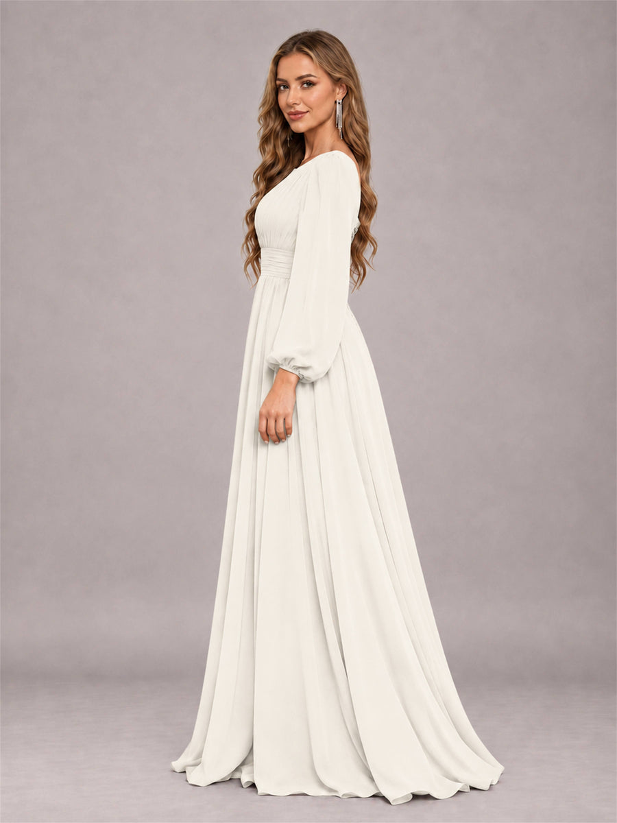 Ivory Trendy Long Sleeves Ruched Floor Length Chiffon Bridesmaid Dress