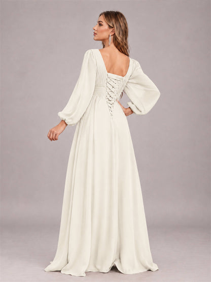 Ivory Trendy Long Sleeves Ruched Floor Length Chiffon Bridesmaid Dress