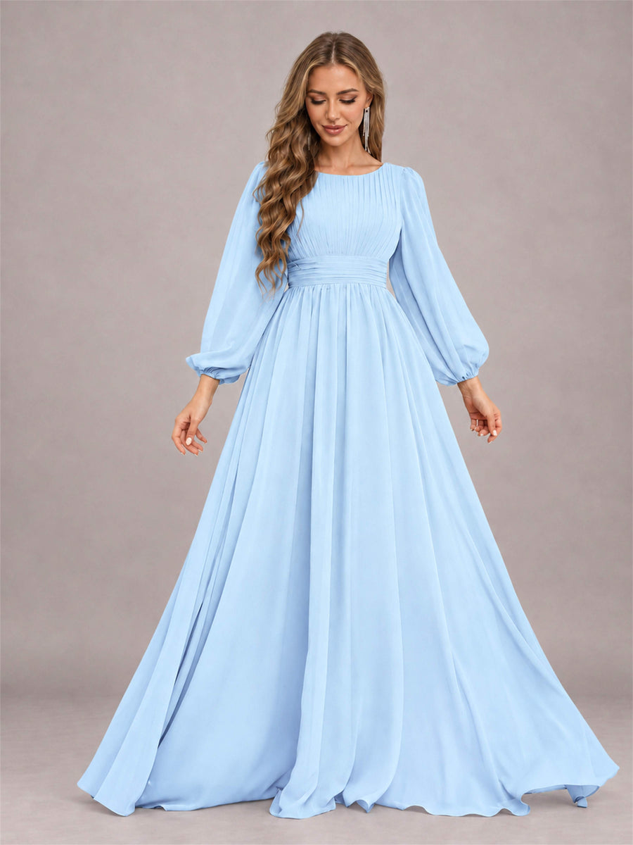 Light Blue Trendy Long Sleeves Ruched Floor Length Chiffon Bridesmaid Dress