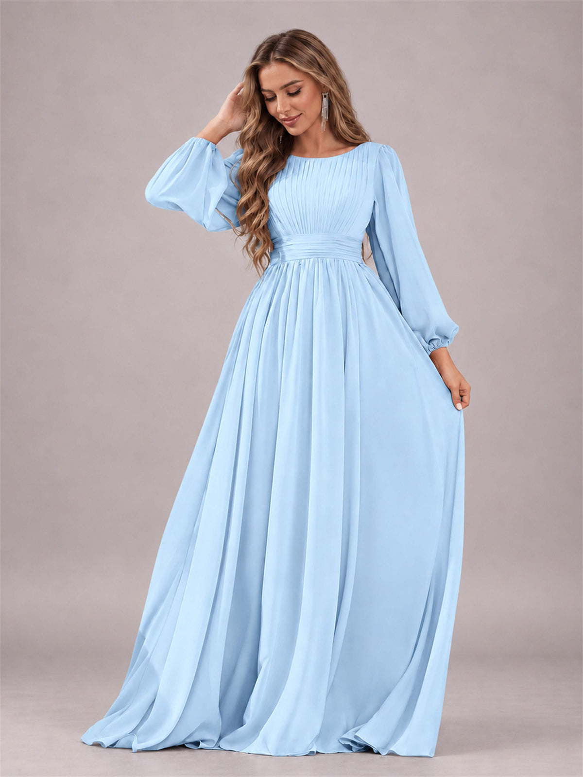 Light Blue Trendy Long Sleeves Ruched Floor Length Chiffon Bridesmaid Dress