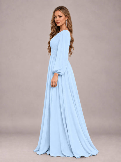 Light Blue Trendy Long Sleeves Ruched Floor Length Chiffon Bridesmaid Dress