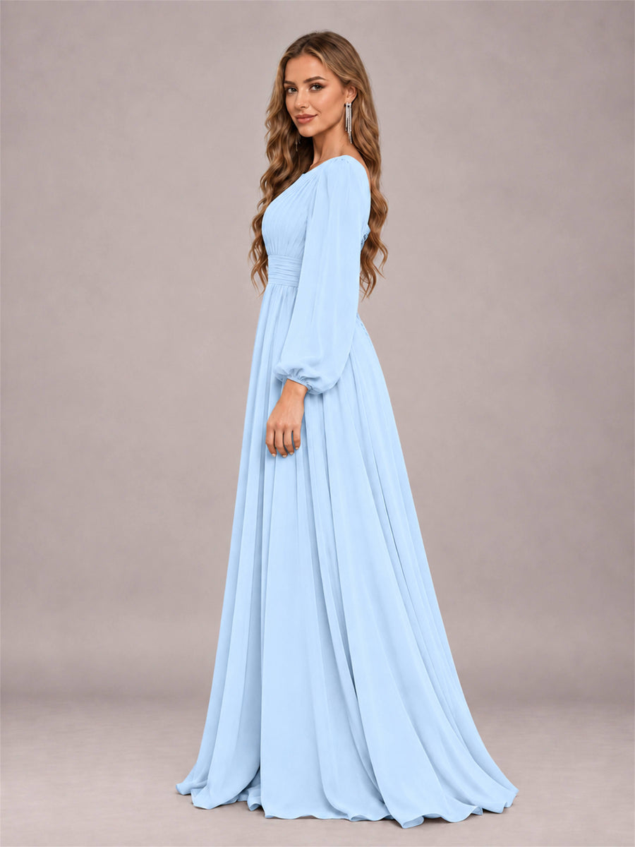 Light Blue Trendy Long Sleeves Ruched Floor Length Chiffon Bridesmaid Dress