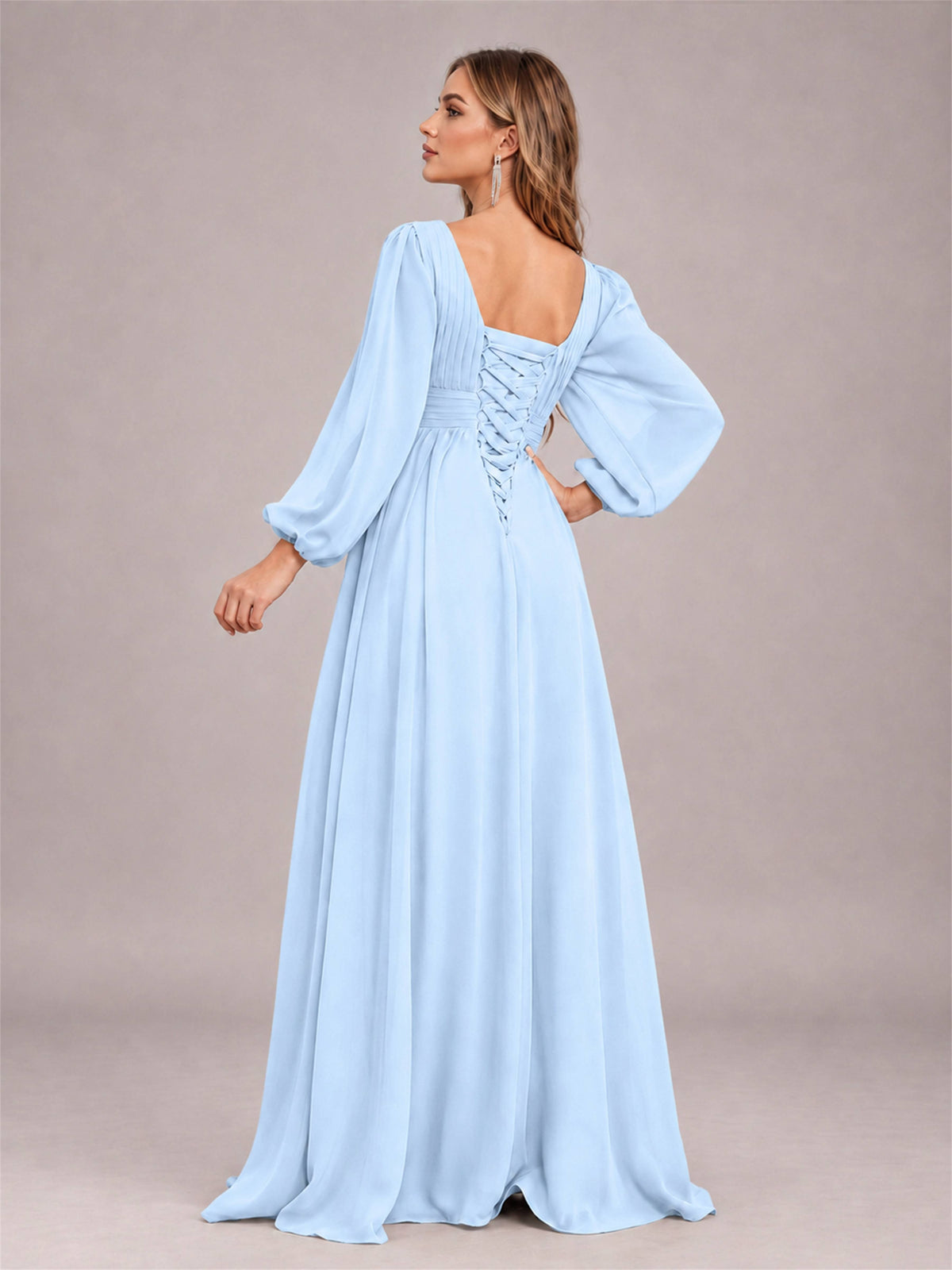 Light Blue Trendy Long Sleeves Ruched Floor Length Chiffon Bridesmaid Dress