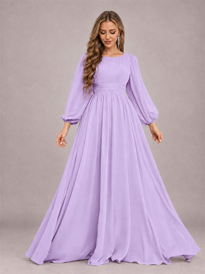 Lilac Trendy Long Sleeves Ruched Floor Length Chiffon Bridesmaid Dress