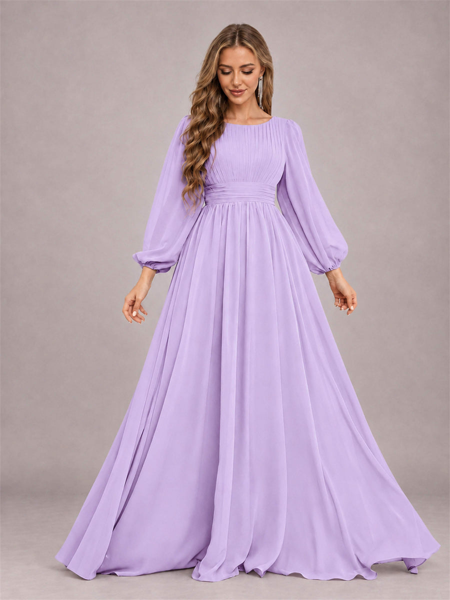 Lilac Trendy Long Sleeves Ruched Floor Length Chiffon Bridesmaid Dress