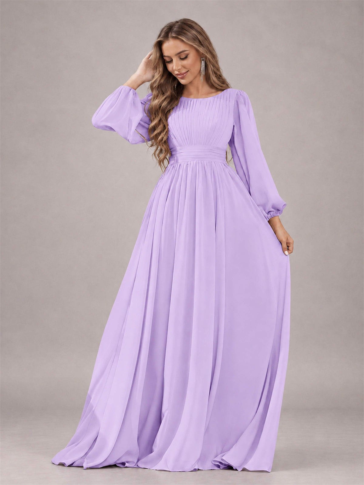 Lilac Trendy Long Sleeves Ruched Floor Length Chiffon Bridesmaid Dress