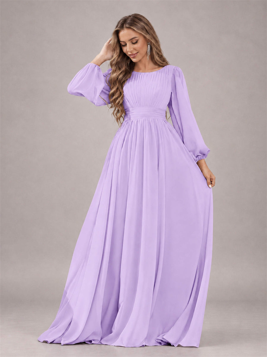 Lilac Trendy Long Sleeves Ruched Floor Length Chiffon Bridesmaid Dress