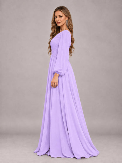 Lilac Trendy Long Sleeves Ruched Floor Length Chiffon Bridesmaid Dress