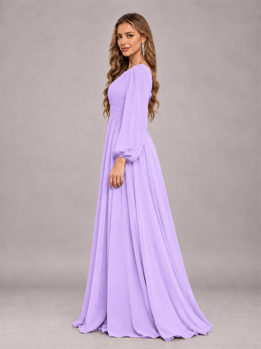 Lilac Trendy Long Sleeves Ruched Floor Length Chiffon Bridesmaid Dress