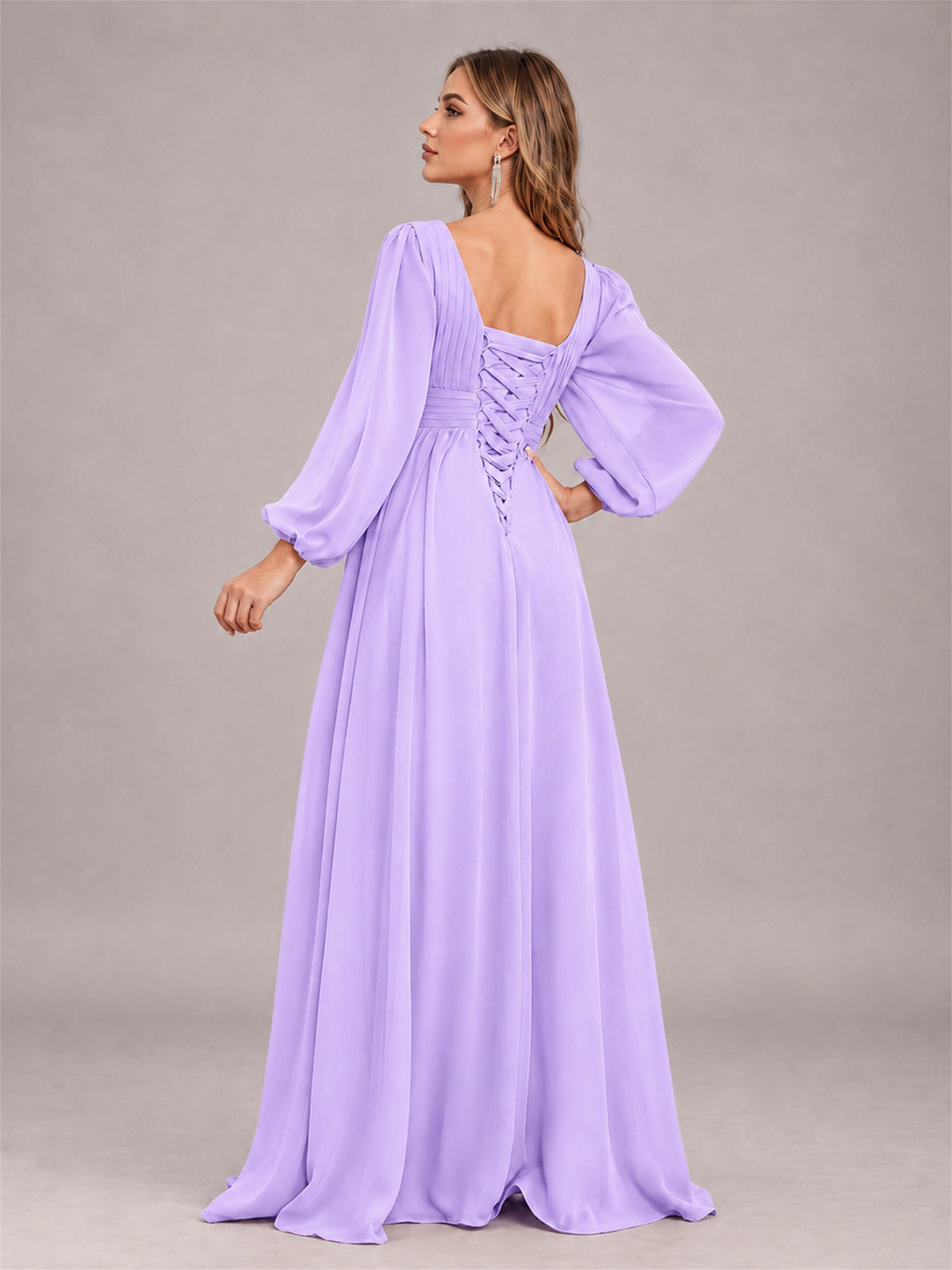 Lilac Trendy Long Sleeves Ruched Floor Length Chiffon Bridesmaid Dress