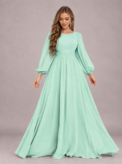 Mint Green Trendy Long Sleeves Ruched Floor Length Chiffon Bridesmaid Dress