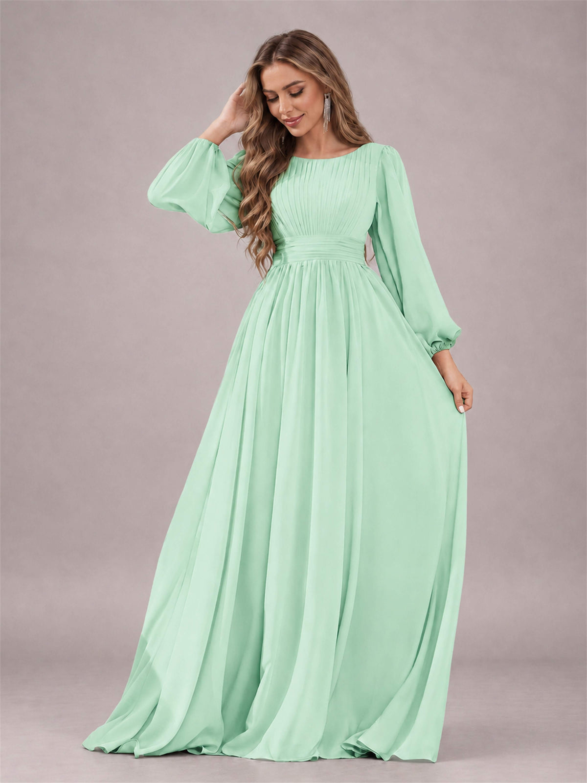 Mint Green Trendy Long Sleeves Ruched Floor Length Chiffon Bridesmaid Dress