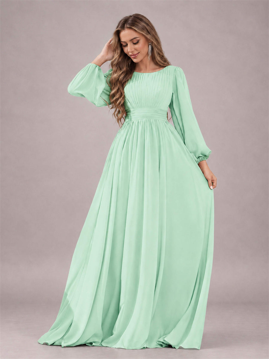 Mint Green Trendy Long Sleeves Ruched Floor Length Chiffon Bridesmaid Dress