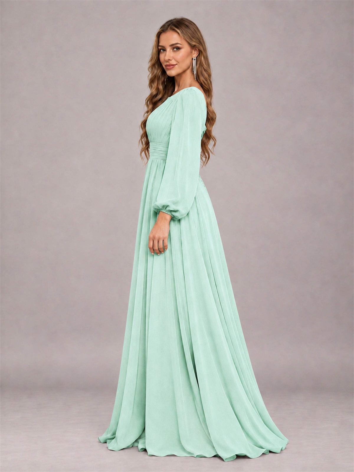 Mint Green Trendy Long Sleeves Ruched Floor Length Chiffon Bridesmaid Dress