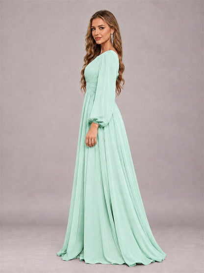 Mint Green Trendy Long Sleeves Ruched Floor Length Chiffon Bridesmaid Dress
